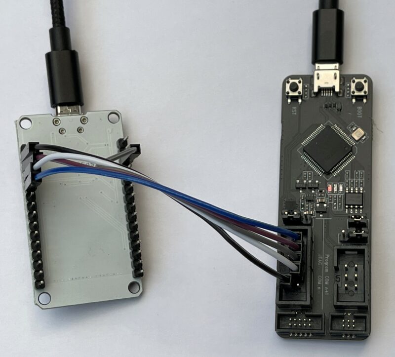 Figure 1 An ESP32-PROG (on the right) connected to a DOIT ESP32 device using direct connection to the JTAG pins