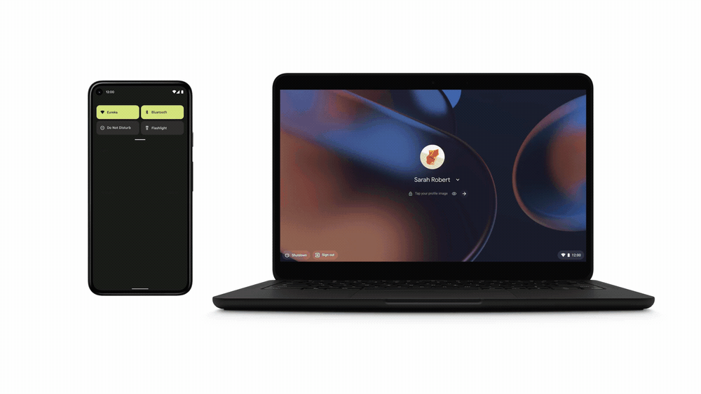 Gif showing Chromebook Phone Hub features - incoming chat notifications, recent Chrome tabs and photo gallery.