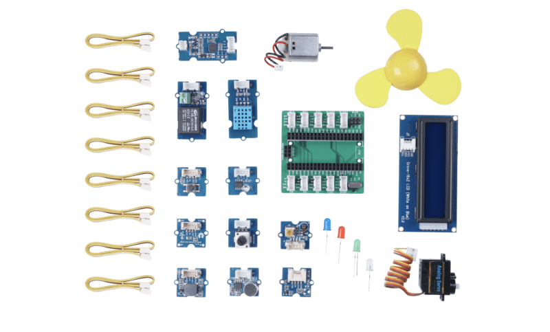 The Grove Starter Kit contains a range of Grove components and the Grove Shield