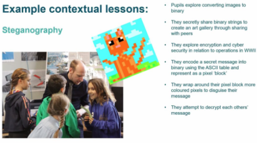 Description of a computing lesson that uses collaborative play and pixel art to introduce steganography.