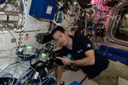 ESA Astronaut Thomas Pesquet with the Astro Pi computers onboard the ISS.