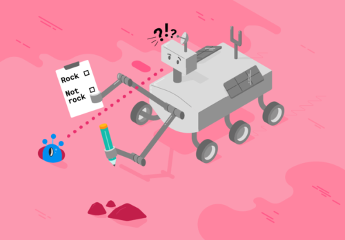 Drawing of a machine learning ars rover trying to decide whether it is seeing an alien or a rock.