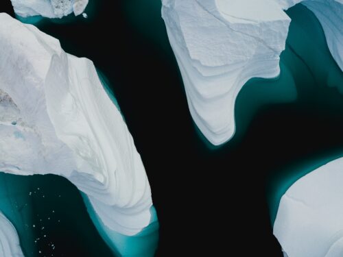 Aerial view of arctic icebergs.