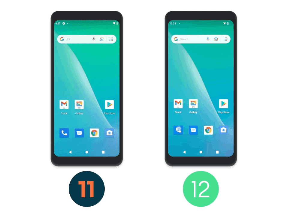 Animation of a side-by-side comparison between an Android 11 (Go edition) device opening an app and an Android 12 (Go edition) device opening the phone app. The Android 12 phone on the right side is shown to be faster.
