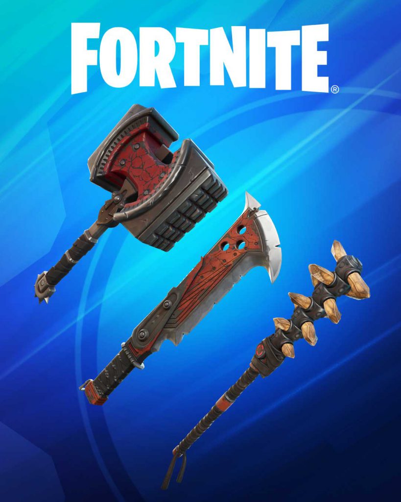 Blue background with Fortnite pickaxes, the breaker mace, thumper and butcher cleaver