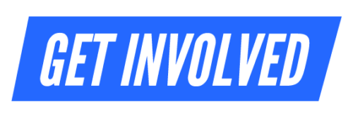 White text on blue background saying Get involved.