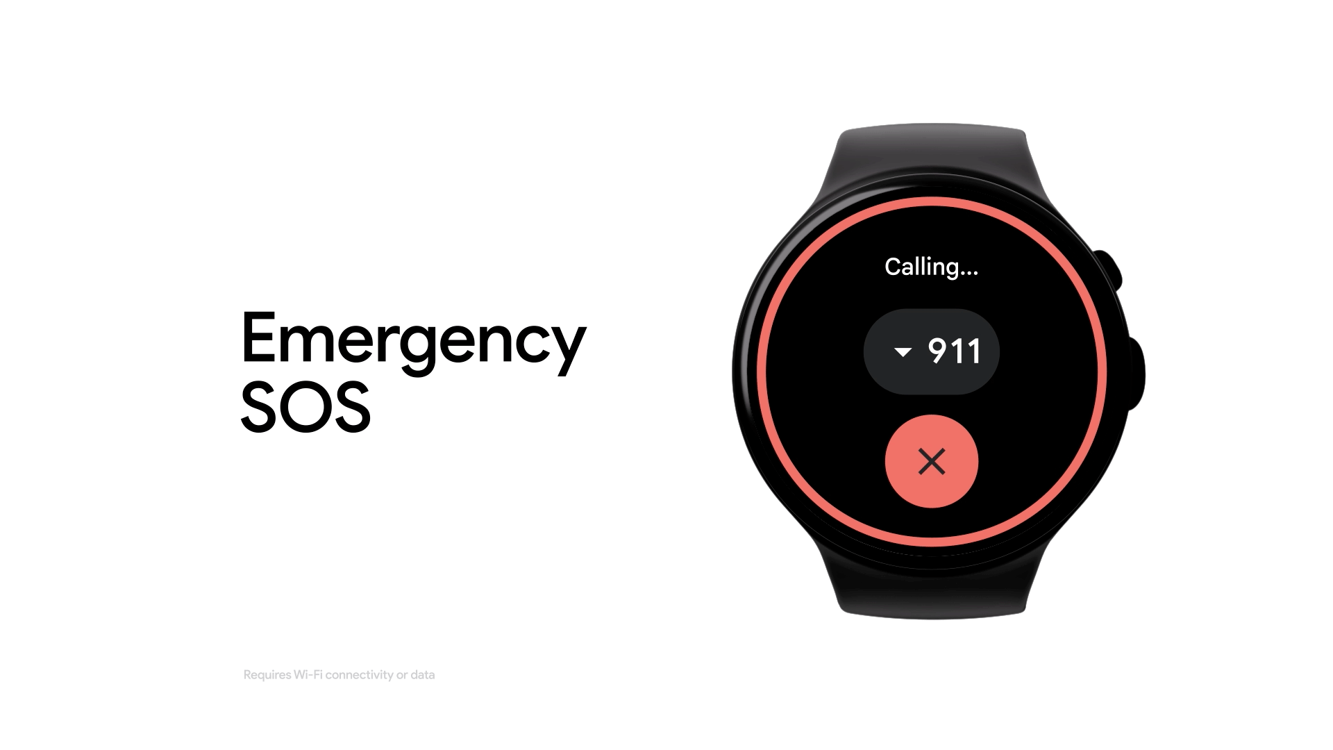 A watch screen depicts the Emergency SOS feature. The watch face has an outline of a red circle that counts down the time before an emergency call is made directly from the watch. In this example 911 is called.