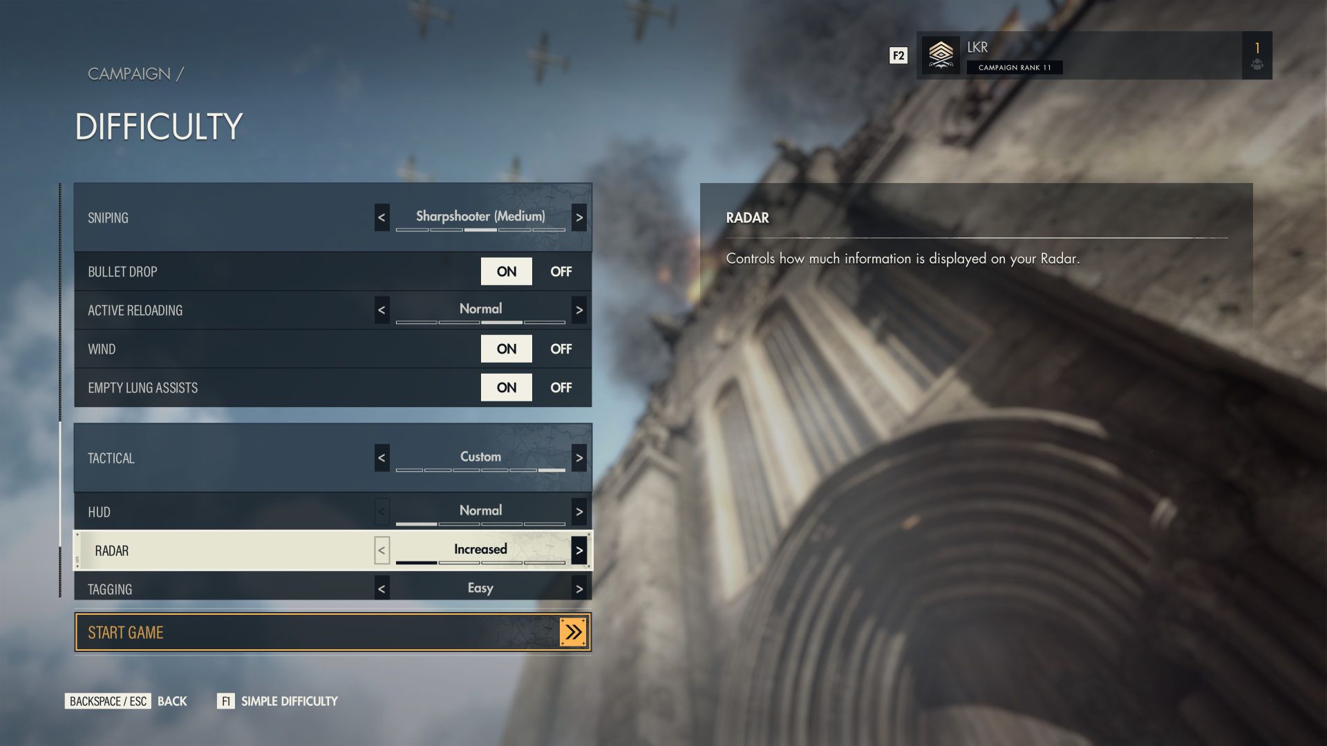 The Advanced Difficulty menu for SE5. The options visible are broken down into Tactical and Sniping categories. Radar is currently highlighted with a tooltip saying “Controls how much information is displayed on your Radar”.