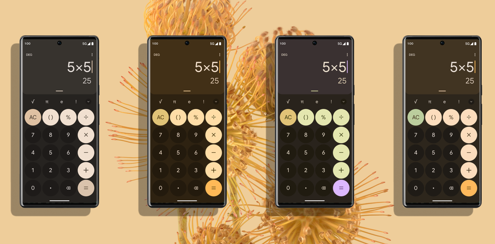 Different color variants applied across the calculator app of 4 phone shells on a floral orange wallpaper