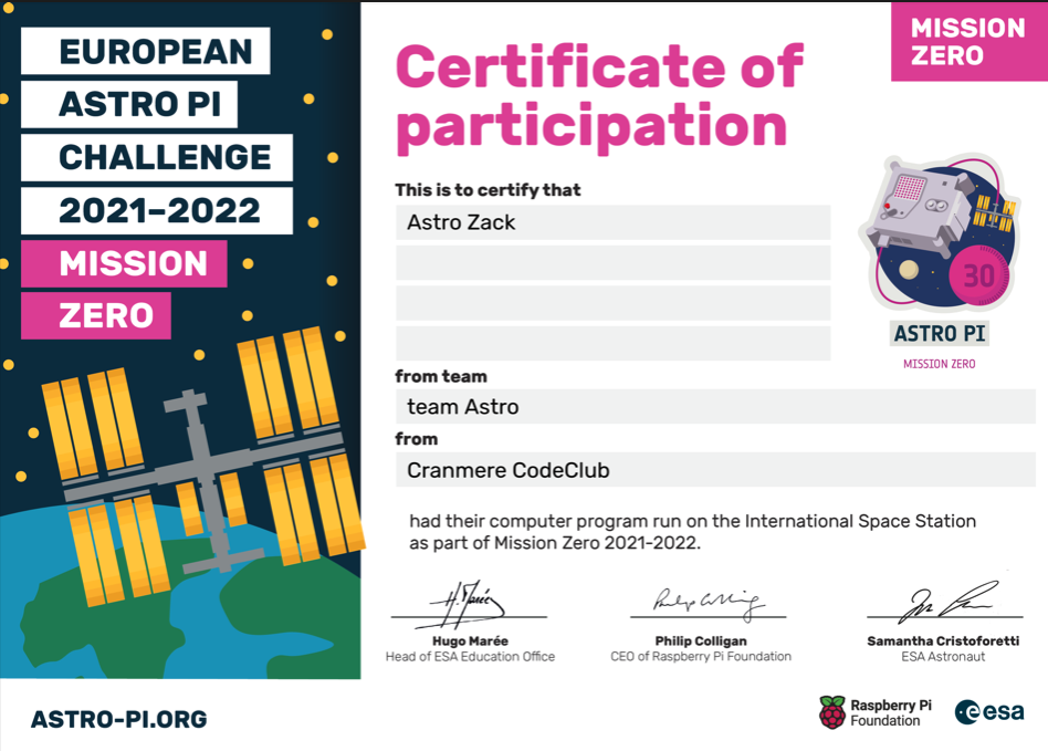 A certificate of participation for a young person who has coded a program in Astro Pi Mission Zero
