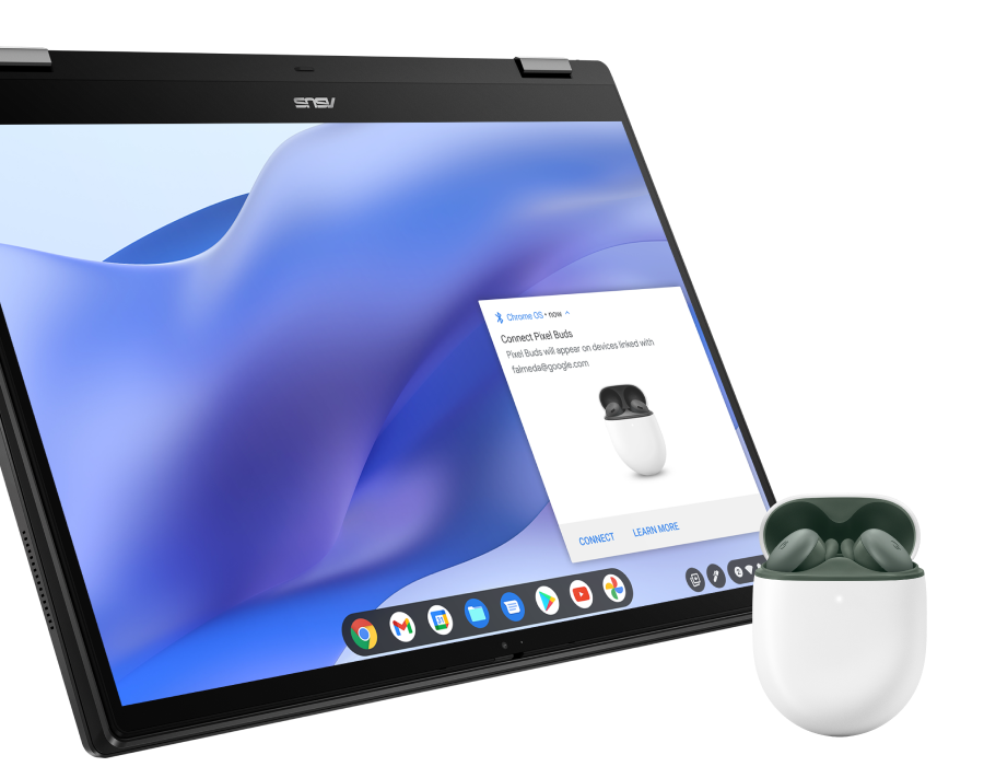 An image of a Chromebook showing a notification that headphones are ready to pair. An image of Pixel Buds floats over the picture.