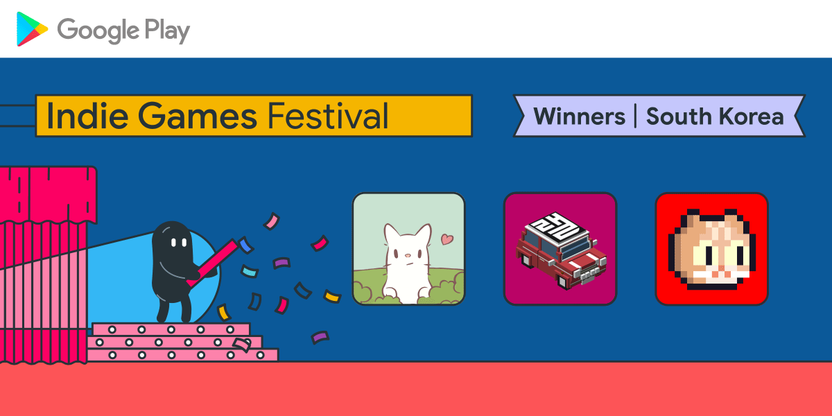 Indie Games Festival - Winners | South Korea. The 3 winning games have a graphic from their game featured on this banner. Blobby is seen with a party popper that is shooting out paper streamers in celebration of the winners.
