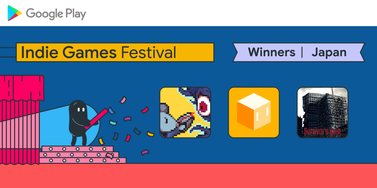 Indie Games Festival - Winners | Japan. The 3 winning games have a graphic from their game featured on this banner. Blobby is seen with a party popper that is shooting out paper streamers in celebration of the winners.