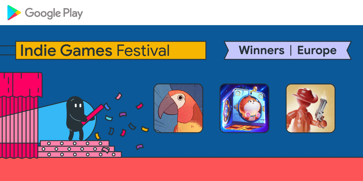 Indie Games Festival - Winners | Europe. The 3 winning games have a graphic from their game featured on this banner. Blobby is seen with a party popper that is shooting out paper streamers in celebration of the winners.