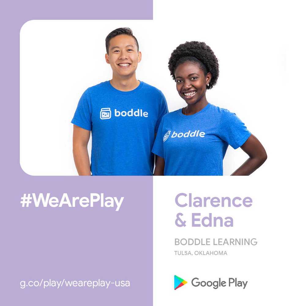 A graphic featuring a photo of Clarence and Edna, their names, their location of “Tulsa, Oklahoma” the name of their app “Boddle Learning” and the #WeArePlay logo and URL.