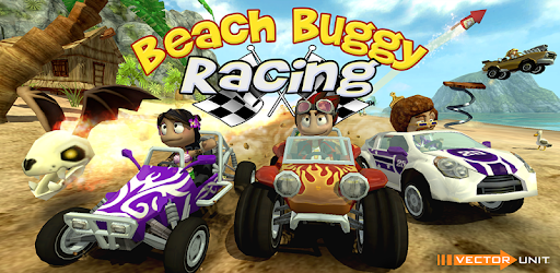 Beach Buggy Racing mobile racing game image with race cars, karts, dune buggies, rally cars, flying skulls, fire, all on a beach.