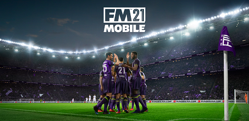 Football Manager 2021 Mobile with football players in purple jerseys, also soccer players, on a pitch, also a field, in front of fans ready to win.