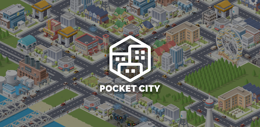 Pocket City mobile city-building game with a view of a customizable city with roads, bridges, buildings, stores, businesses, and schools, as well as residential, commercial and industrial zones.