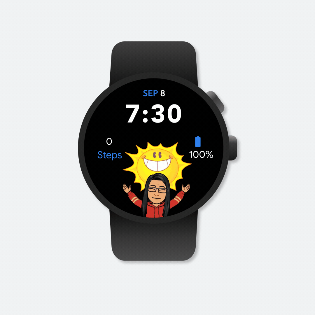 Animated demonstration of how Bitmoji on your watch face changes throughout the day, including when you're waking up, listening to music and going to bed.