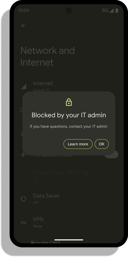 Android phone screen showing a lock icon and text saying “Blocked by your IT admin.”