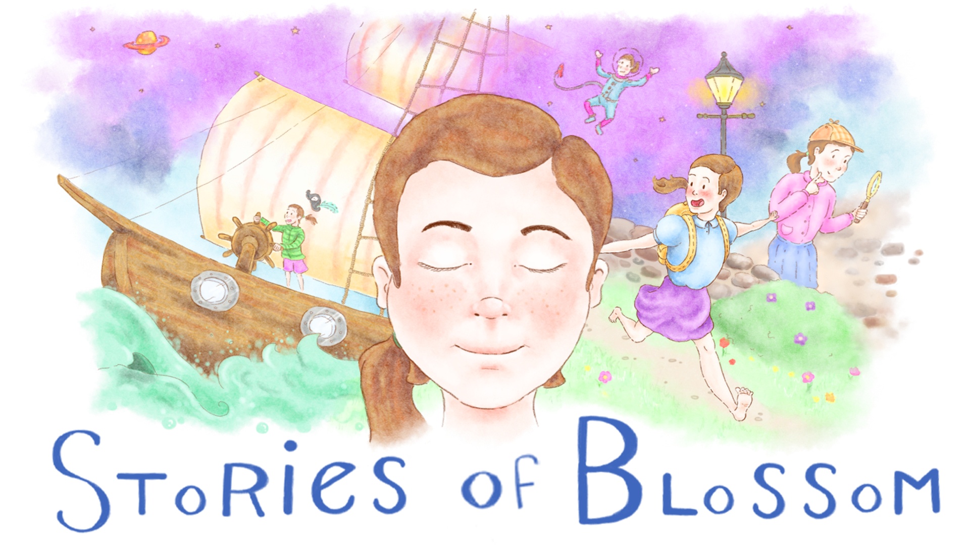 A storybook-drawn photo of Stories of Blossom’s title is shown, which depicts a girl with her eyes closed, imagining different stories in her head, including one of her on a pirate ship, one of her running down a hill, one of her floating in the sky, and another of her holding what appears to be a mirror.