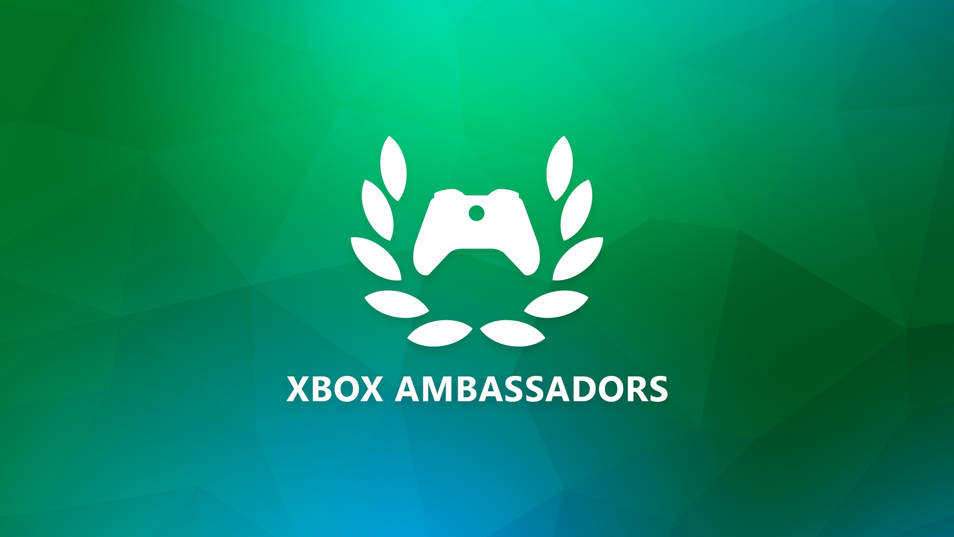 A white Xbox Ambassadors logo is shown in front of a green background with blue hues. The words “Xbox Ambassadors” is shown directly beneath the logo.