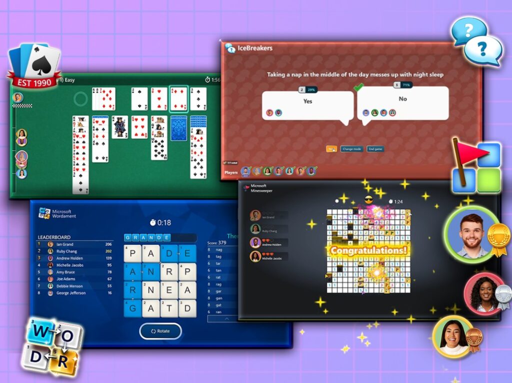 Games for Work app includes a variety of games to encourage fun collaboration in meetings including Solitaire, Wordament, Minesweeper, and IceBreakers.
