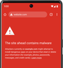 A red phone screen shows a warning for a website, which says âthe site ahead contains malware.