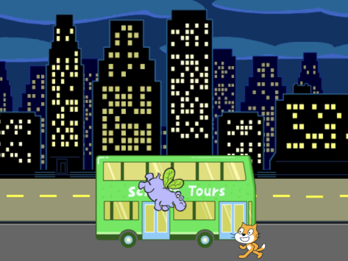 A bus drives along a cityscape at night. Scratch cat is faced towards the bus. A hippo with wings flies alongside the bus and towards Scratch cat. 
