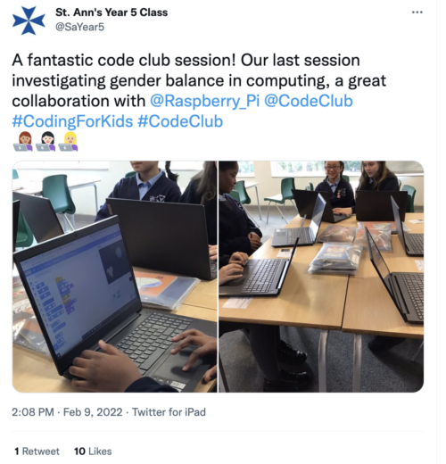 A tweet from a school participating in a research project related to non-formal learning.