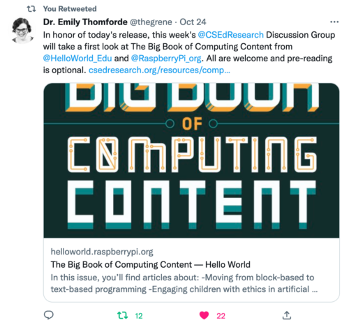 A tweet about Hello World's special edition The Big Book of Computing Content.