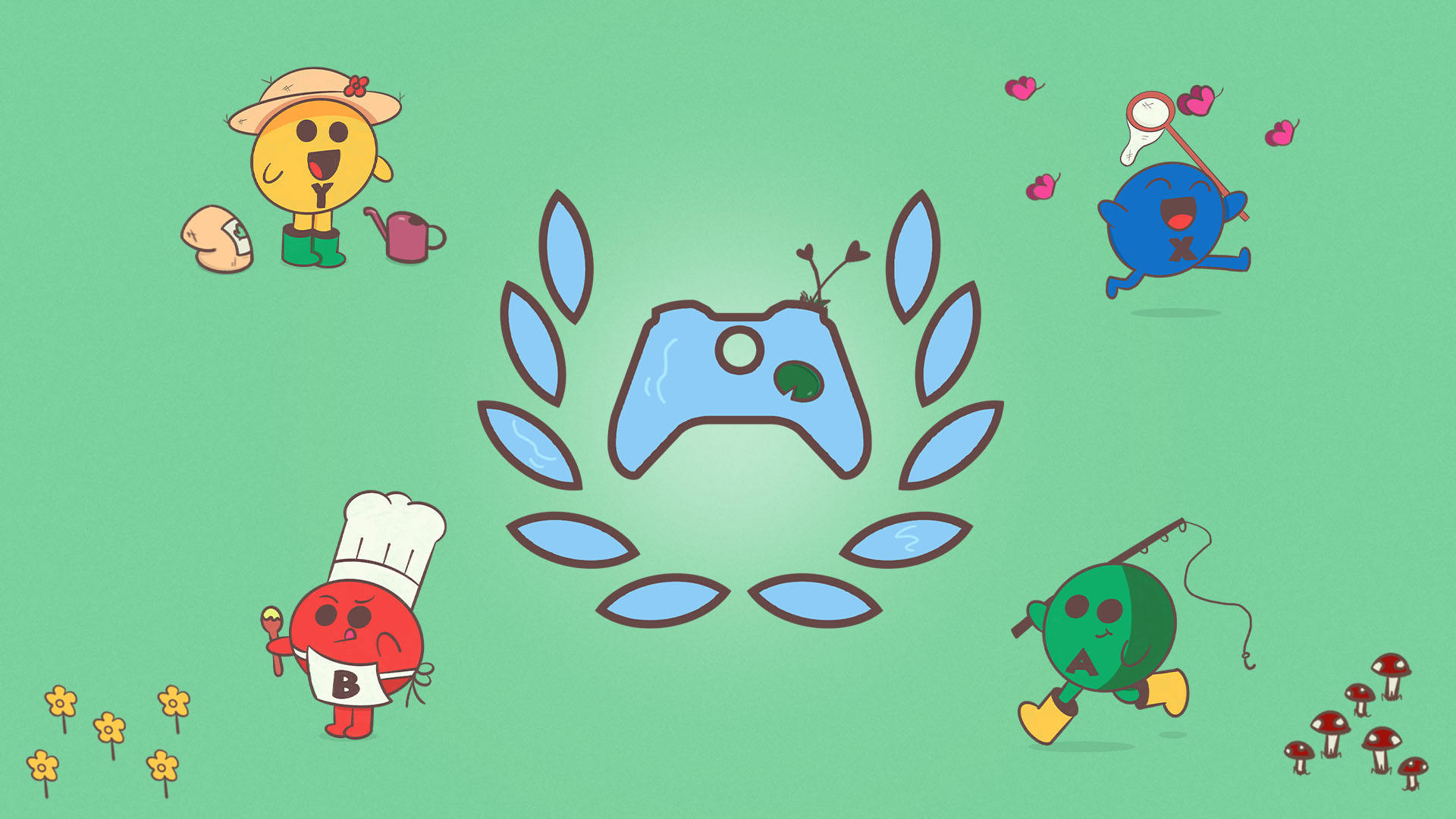 Der Xbox Ambassadors-Controller und das Lorbeerblatt-Logo im Cartoon-Stil mit einem blauen Teichhintergrund und einem grünen Seerosenblatt, umgeben von vier Tastenfiguren. Die rote "B"-Taste trägt eine weiße Kochmütze und hält einen Holzlöffel, die gelbe "Y"-Taste hat einen Beutel mit Erde und eine Gießkanne, die blaue "X"-Taste jagt mit einem Netz rosa Schmetterlinge und die grüne "A"-Taste hält eine Angelrute.