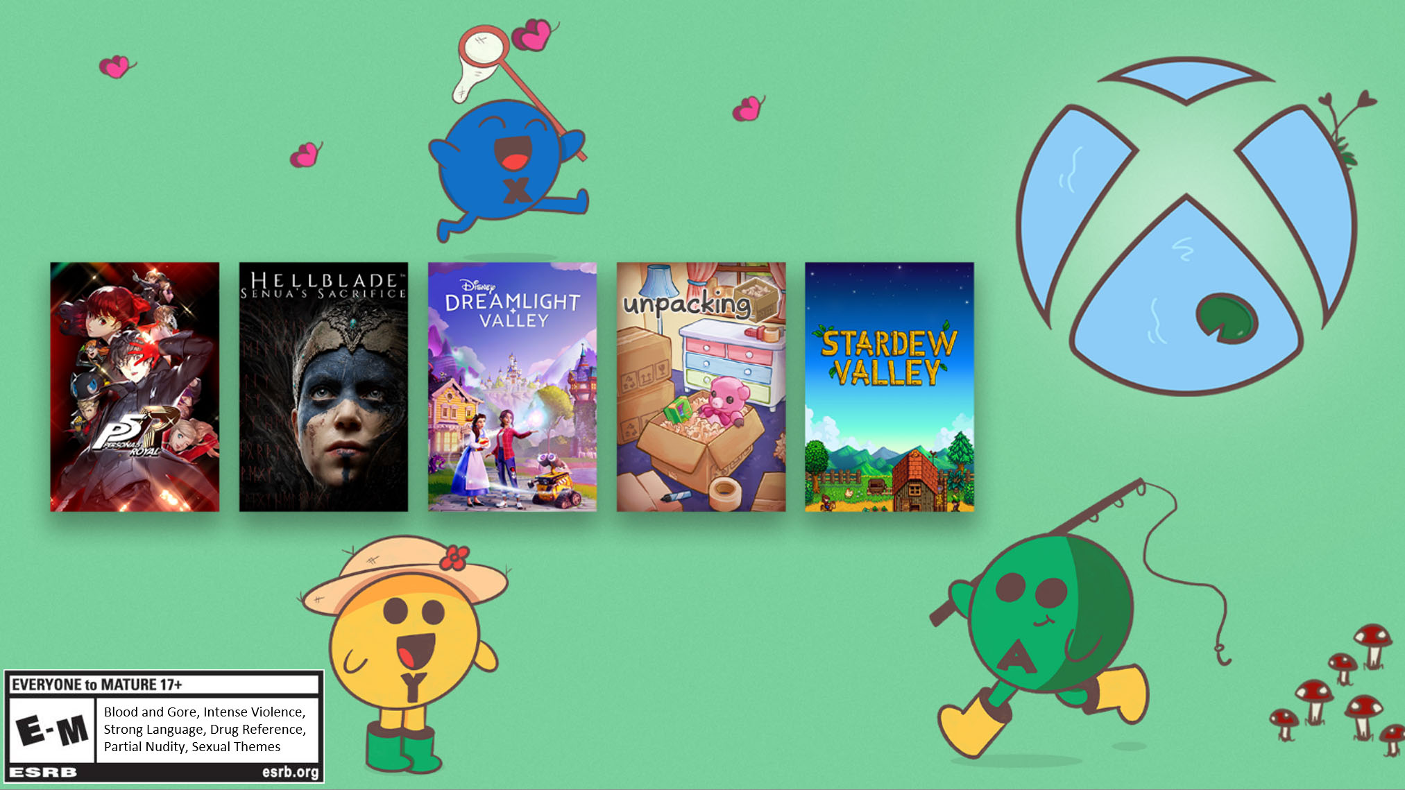Game Box-Art für Persona 5 Royal, Hellblade: Senua's Sacrifice, Disney Dreamlight Valley, Unpacking und Stardew Valley auf grünem Hintergrund im Cartoon-Stil mit der Xbox-Teichkugel oben rechts, dem blauen "X", das rosa Schmetterlingen mit einem Netz hinterherjagt, dem grünen "A"-Knopf, der eine Angelrute hält, und dem gelben "Y"-Knopf, der einen Strohhut zur Gartenarbeit trägt.