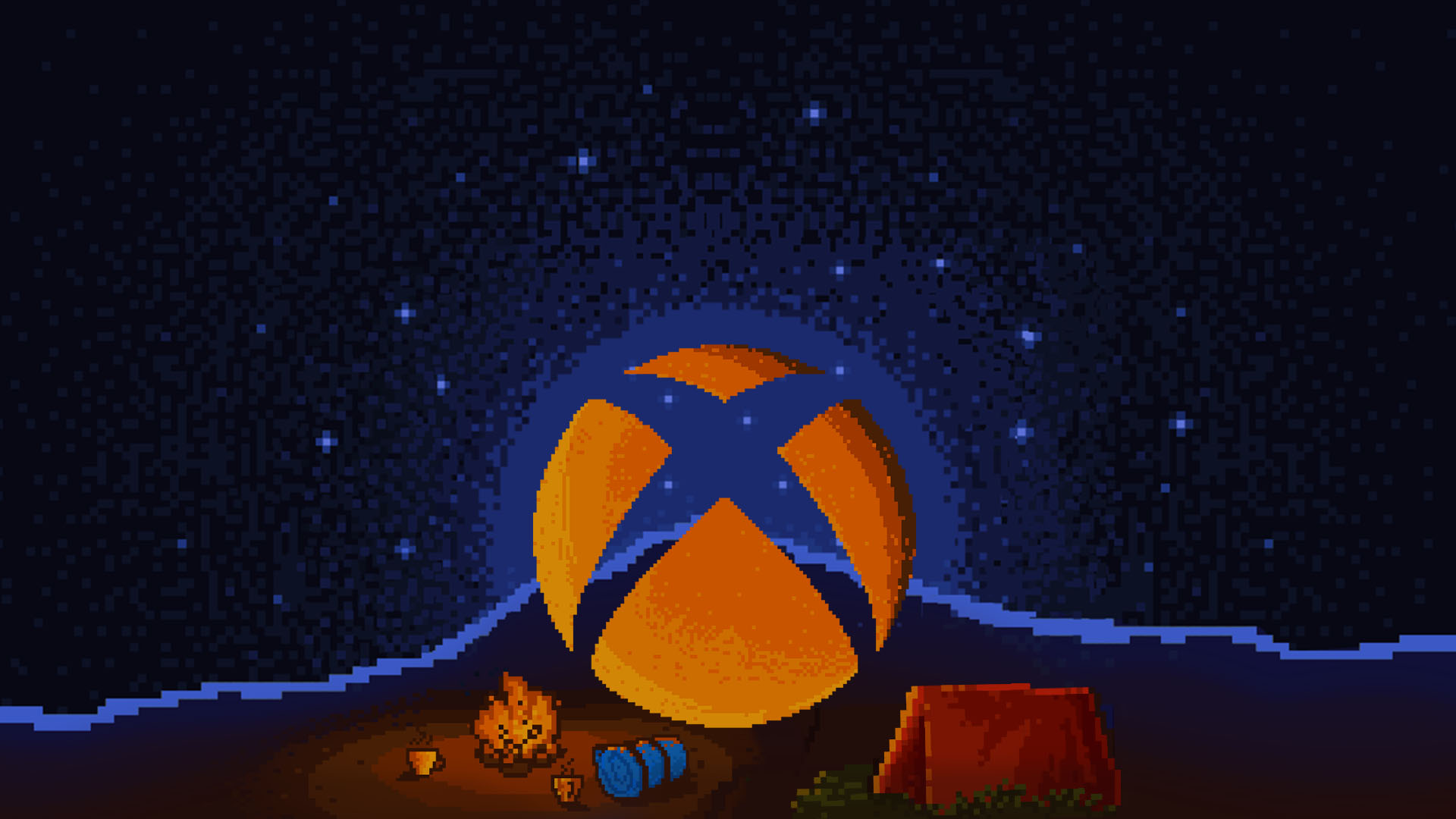 Eine orangefarbene Xbox Sphere mit einem orangefarbenen Zelt, einem Lagerfeuer, zwei orangefarbenen Bechern und einer blauen Bettrolle mit einem blauen Sternenhimmel im Hintergrund im Stil von Retro 16-Bit-Spielen.