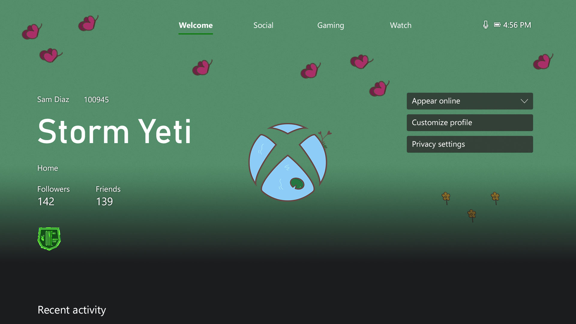 Xbox mental wellness profile theme featuring the Xbox sphere with a blue pond background and dark green lily pad on a sea green background with magenta butterflies.