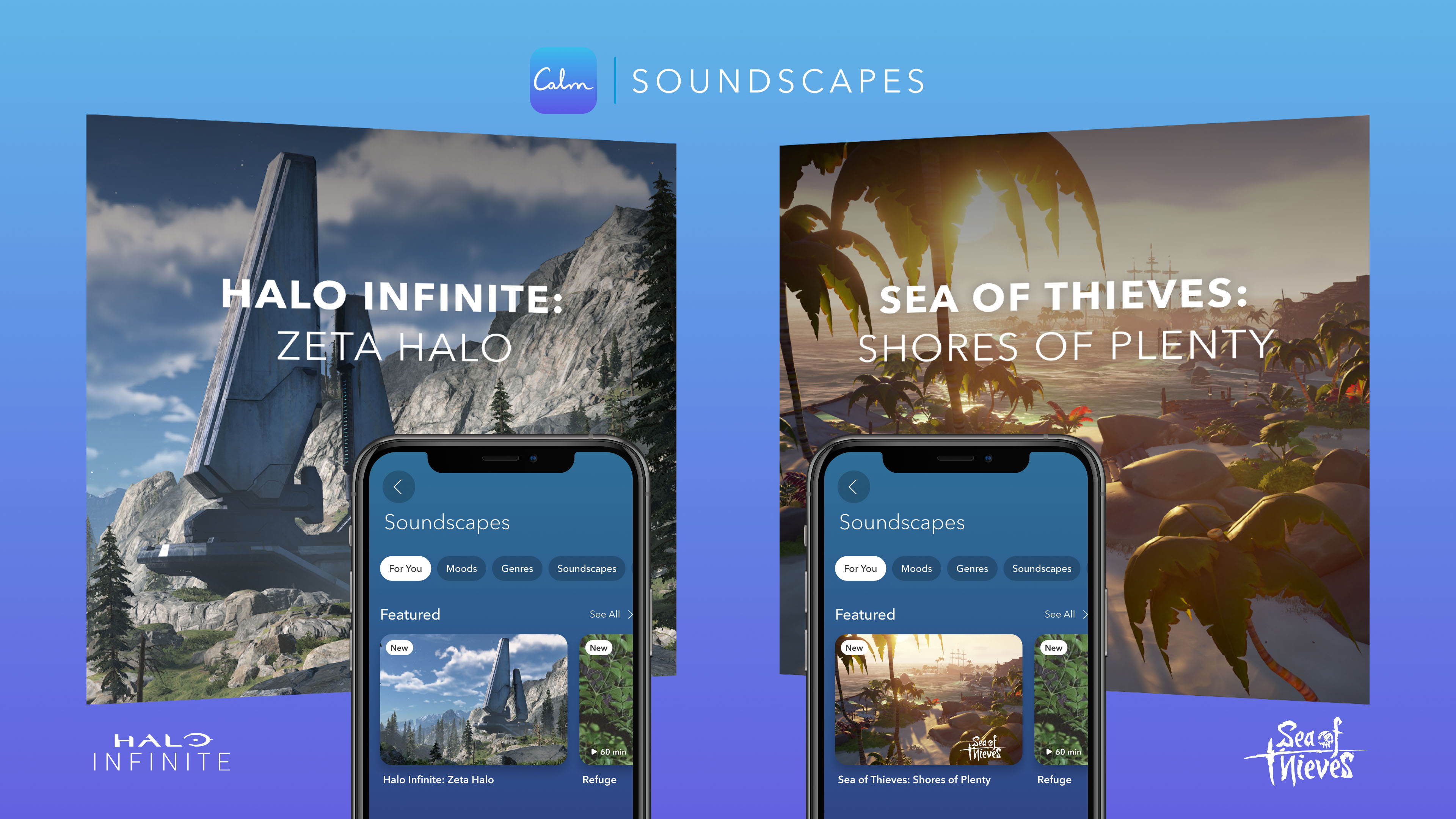 Calm Soundscapes promotion featuring two mobile screens showing soundscapes for Halo Infinite: Zeta Halo on a futuristic mountain landscape and Sea of Thieves: Shores of Plenty on a beach background with palm trees.