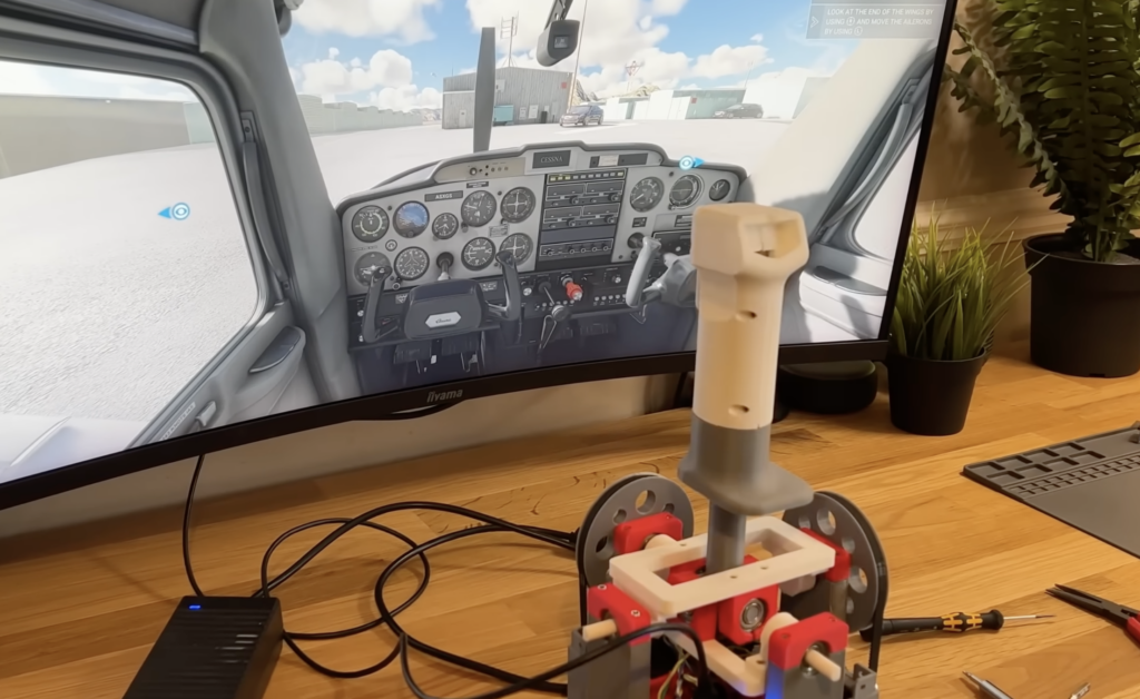 This custom flight joystick provides force feedback with stepper motors