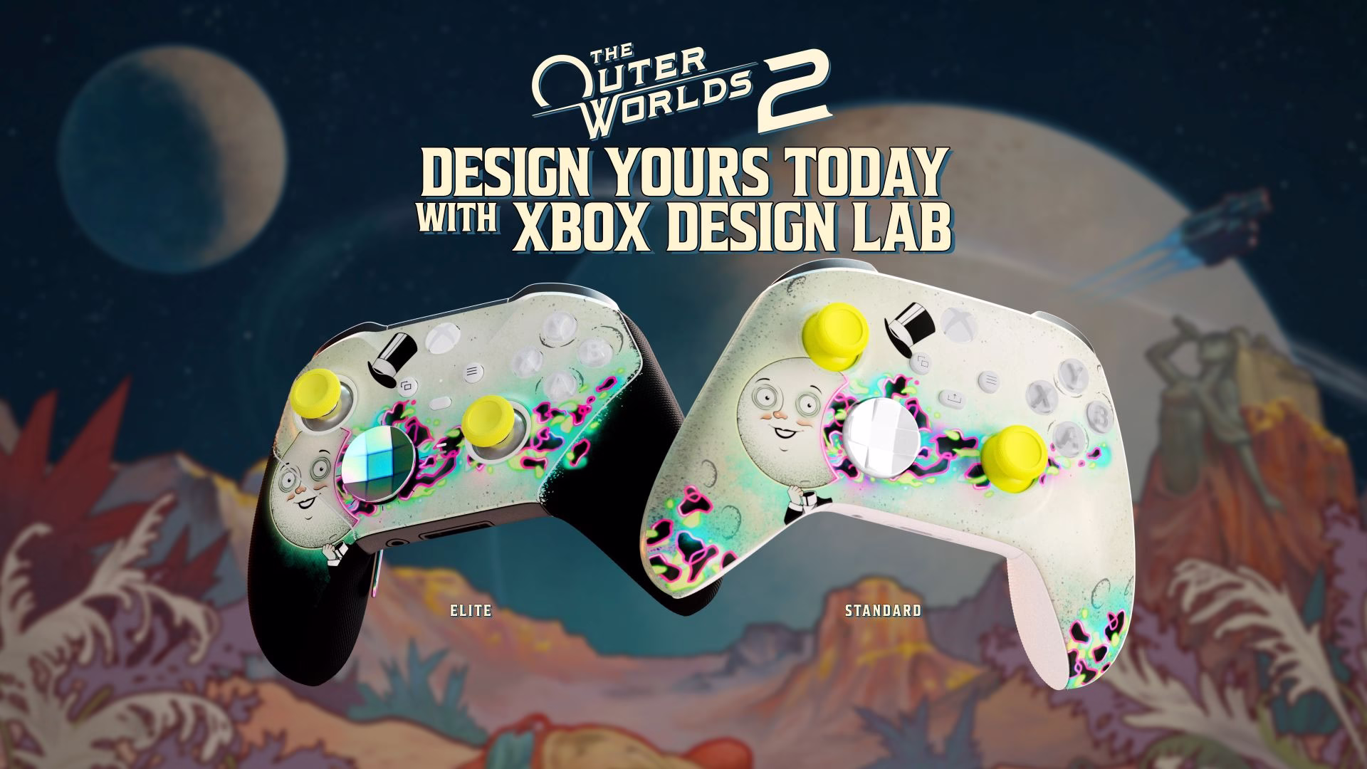 Mach Dich bereit für ein actiongeladenes Abenteuer mit den The Outer Worlds 2 Controllern aus dem Xbox Design Lab